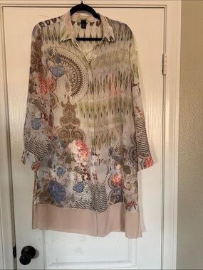Black Label Long Sleeve Floral & Paisley Print Tunic in Beige, Blue, Olive